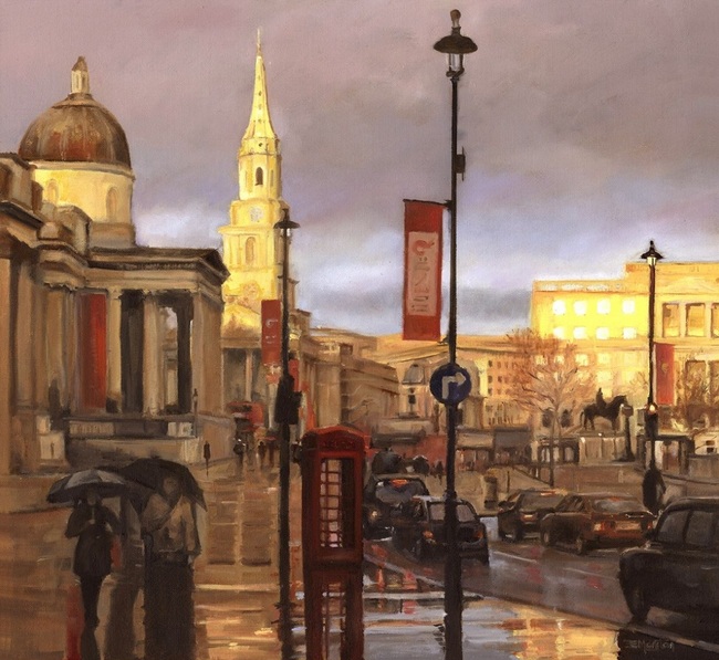 Elaine Marston - London in the Rain - National Portrait Gallery Trafalgar Square
