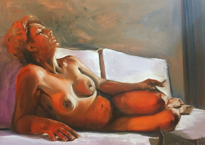 Özlem Kögel - lying nude with cigarette